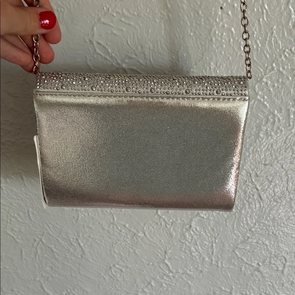 Gunne Sax Silver Rhinestone Evening Clutch with Chain